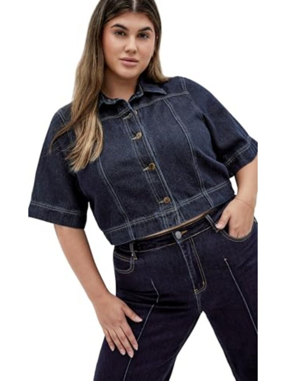 Plus Size Denim Jacket - Cropped Short Sleeve Blazer